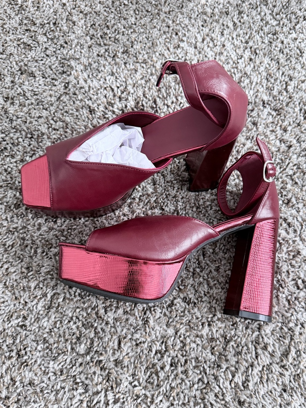 Brand New-Womens Burgundy Platform Block Heel Sandals